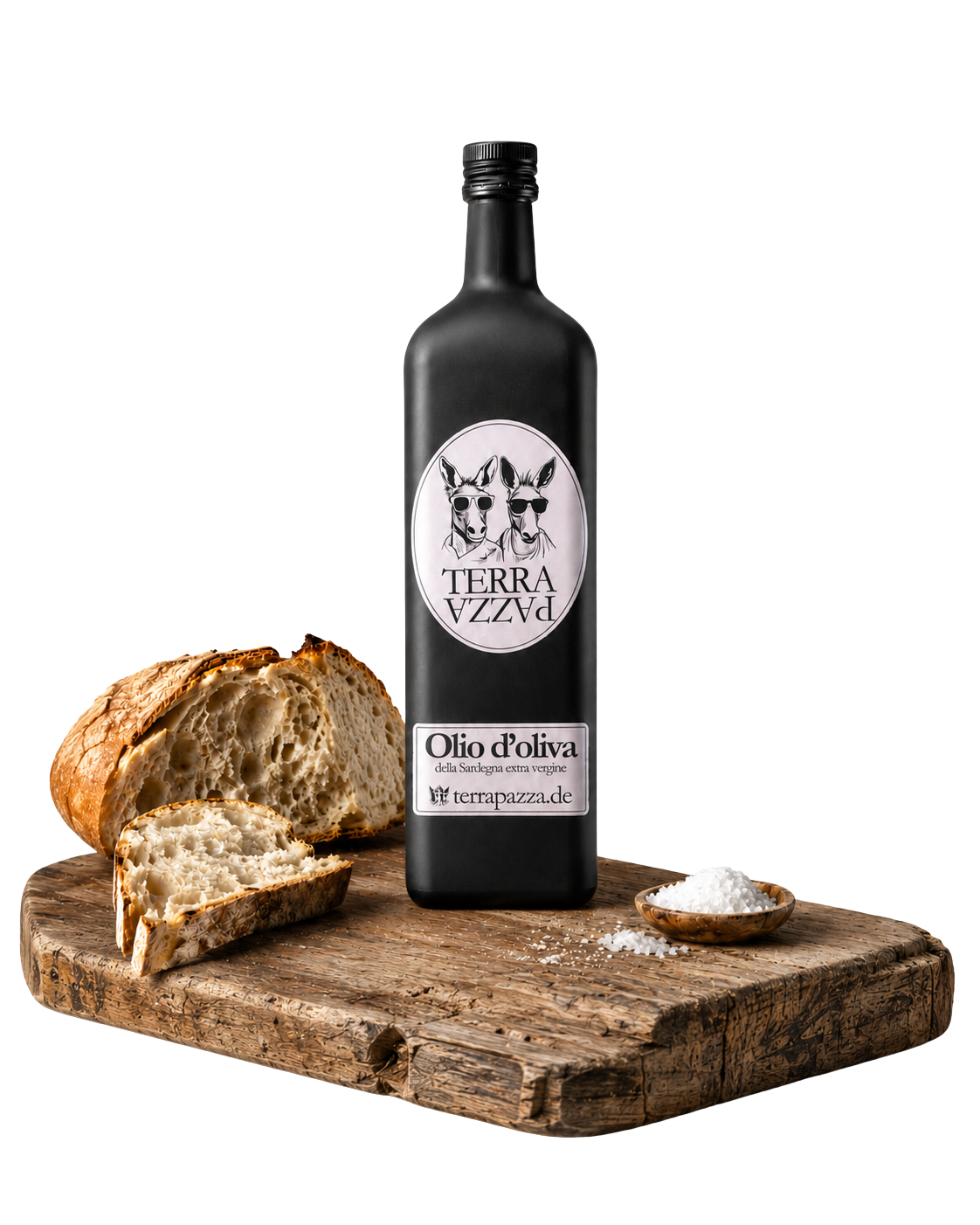 Terra Pazza Olivenoel mit Brot und Salz auf einem Holzbrett.